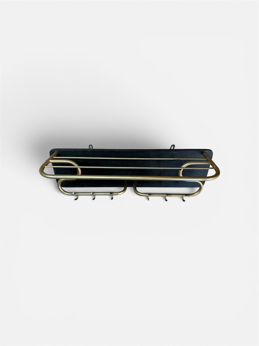 Appendiabiti da parete vintage di metà secolo con ripiano per cappelli | Ottone e nero | Anni '60/'70