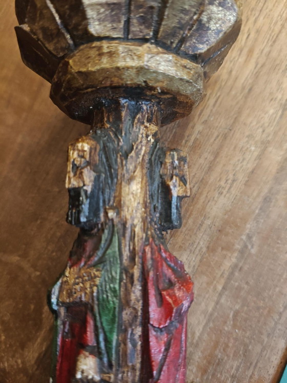 Hand-carved wooden candlestick with saint figures – 24 cm – Sculpture (photo 13 of 13)