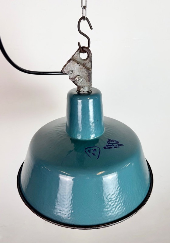 Image 1 of Industrial Petrol Enamel Factory Lamp with Cast Iron Top, 1960s