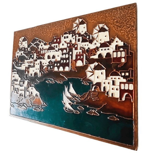 Plaque murale grecque vintage du milieu du siècle, émail cuivre, peinture AETHRA, années 1970