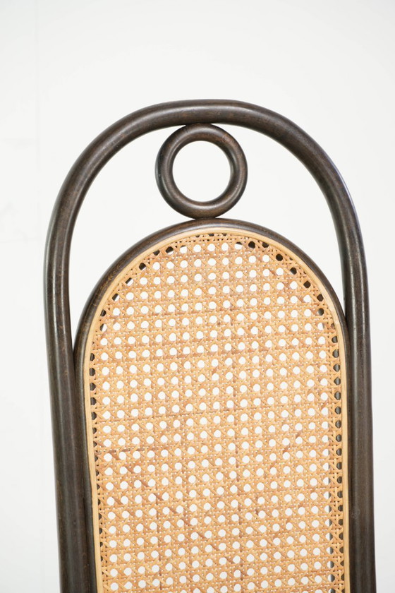 Image 1 of 6x Original vintage Thonet Long John chair with a high back, webbing seat and backrest, and gracefully curved wood