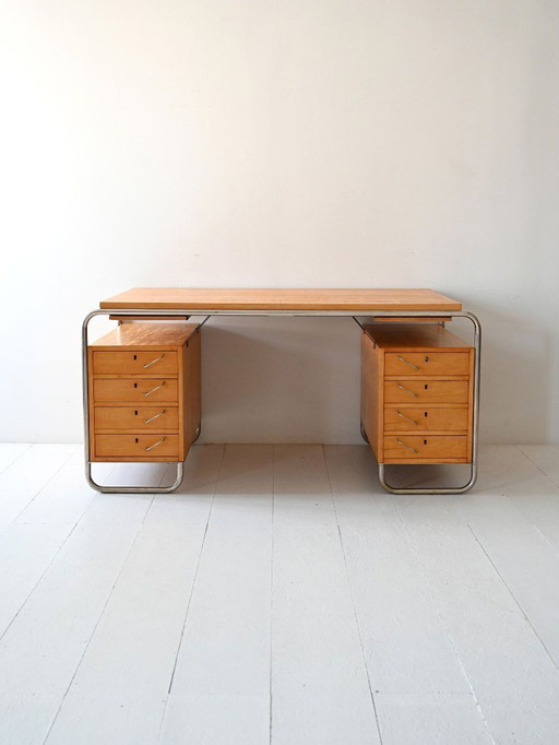 Scandinavian Birch and Steel Desk by Mücke & Melder, 1930s
