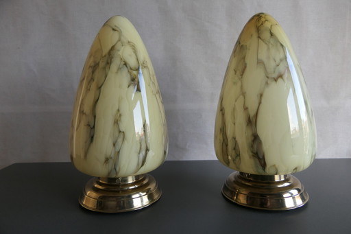 Two art deco ceiling lights, marbled, drop shape
