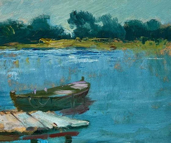 Image 1 of Original Oil Painting Summer River Landscape Good fishing holiday