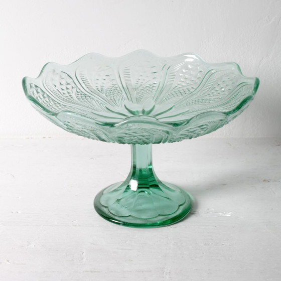 Image 1 of Mid-Century Pressed Glass Pedestal Bowl / Vintage Georgia Green Fruit Bowl / Ukraine / 1950s