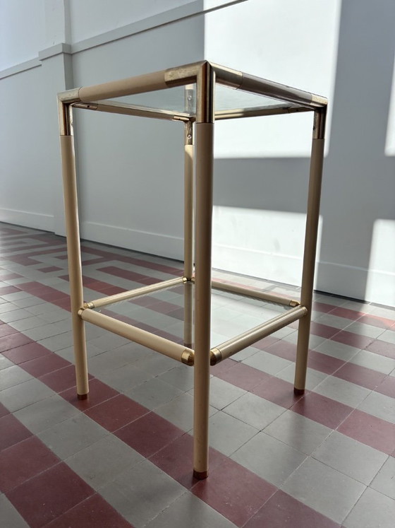 Image 1 of Vintage 1970s Italian Hollywood Regency Side Table by Banci Firenze – Cream & Brass Two-Tier Glass End Table