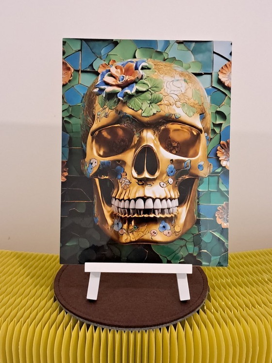 Image 1 of CABEZA MUERTA - Calavera de flores verdes y doradas - Impresión giclée sobre placa de aluminio