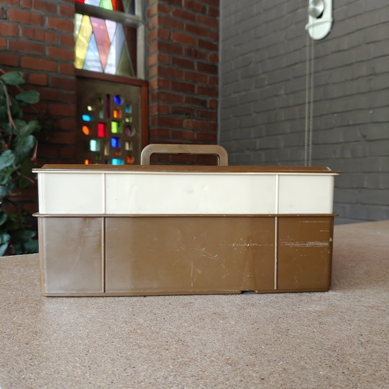 Image 1 of Scatola organizer vintage DBP Plastics Antwerp – contenitore portaoggetti marrone fumé, design belga anni '70