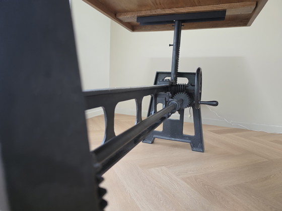 Image 1 of Table de salle à manger industrielle réglable, en bois de manguier et piètement en fonte !