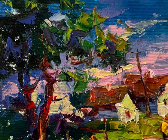 Image 1 of Original Oil Painting Rural Evening Landscape Edge Of The Village