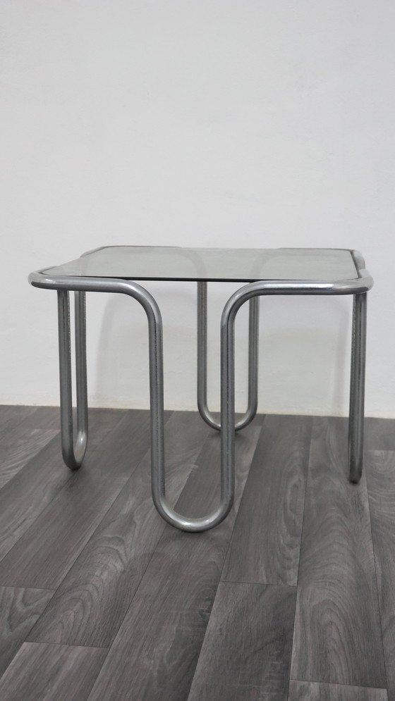 Image 1 of Ezio Didone Verchromtes Stahlrohr Couchtisch Rauchkristall 70er Jahre Design