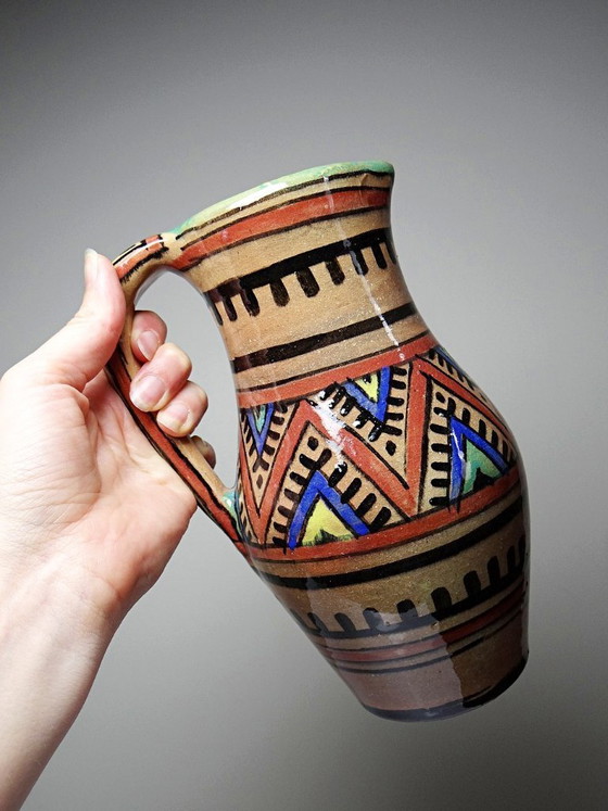 Image 1 of Small Moroccan glazed terracotta pitcher, signed, Berber decoration, 20th century
