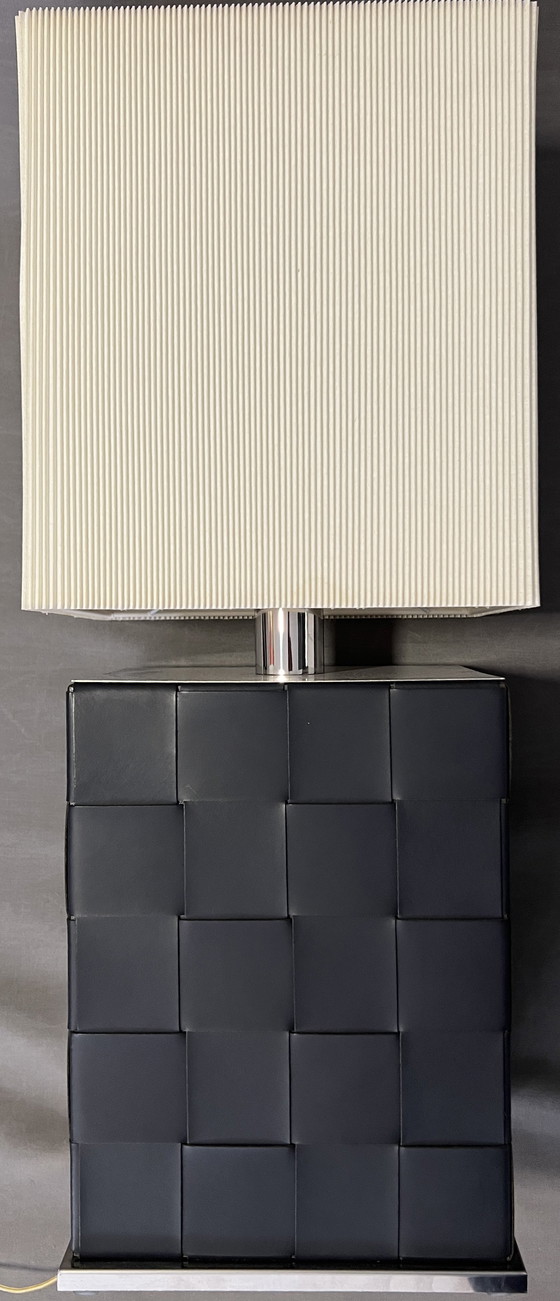 Image 1 of Natuzzi, Yoruba Model, Designer Table Lamp in Leather and Chrome Metal, Italy, Vintage