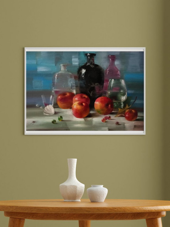 Peinture à l'Huile Originale Bouteilles en Verre Fruits Nature Morte – Peintures et dessins, Canvas (photo 2 of 7)