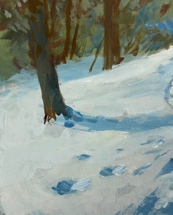 Image 1 of Original Oil Painting Winter Forest Landscape Walking through the snowy forest
