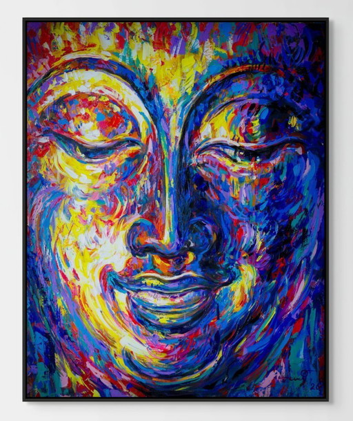 Unique hand-painted Buddha painting "Inner Joy" – Seksak Jaichumchen – 100 × 120 cm
