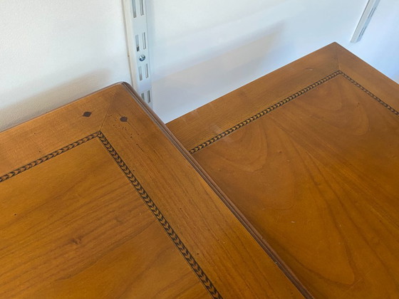 Image 1 of Bureau ancien merisier et marqueterie 2 tiroirs et 2 tablettes 112x60 h76cm