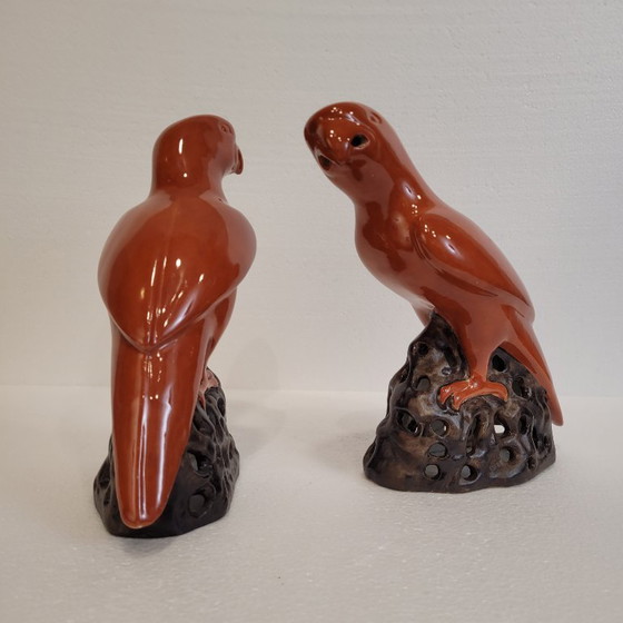 Image 1 of Pareja de loros naranjas, porcelana, 90’s - China