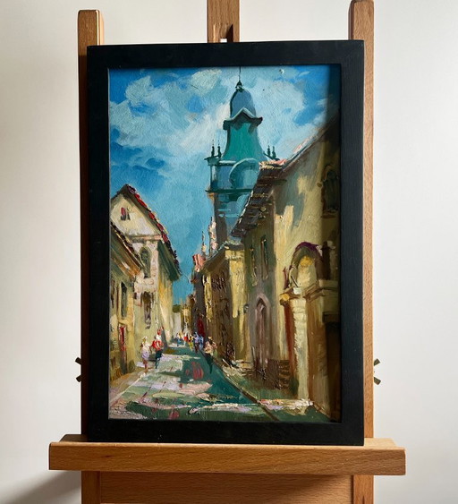 Dipinto ad olio originale, paesaggio urbano diurno. Persone che camminano per strada.