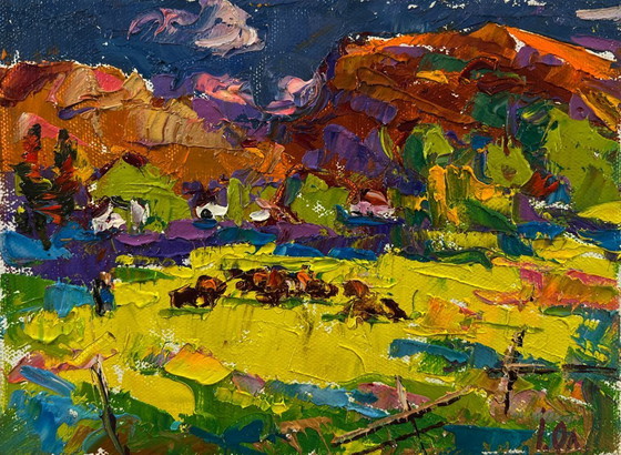 Original Oil Painting Summer Nature Landscape Meadows Near the Mountains – Paintings & Drawings, Canvas (photo 3 of 8)