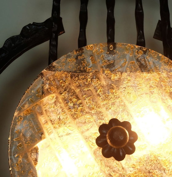 Image 1 of mid century brutalist style wrought iron and glass wall lamp sconce 1960s 1970s