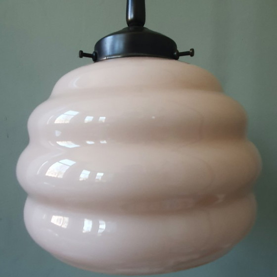 Image 1 of Long Vintage Art Deco Rose Opaline pendant lamp - hanging lamp