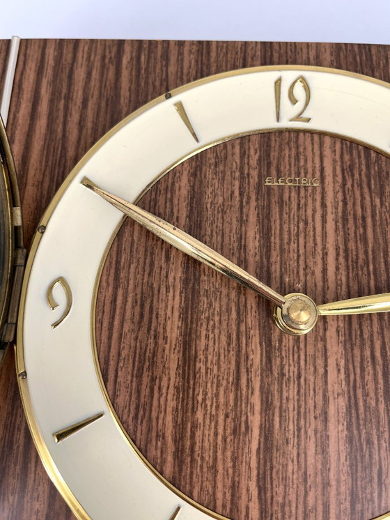 Image 1 of Mid Century Wall / Mantel Clock – Junghans Quartz W756 – Wood & Brass