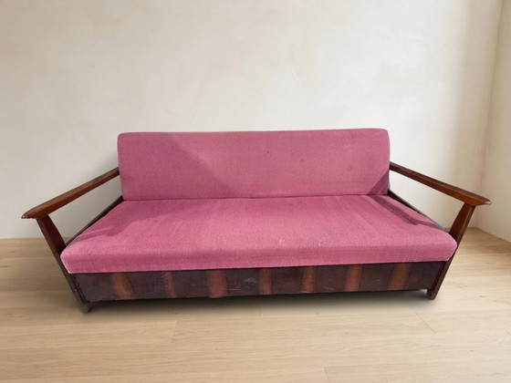 Bordeauxrode opklapbare slaapbank van Edmund Homa, mid-century modern, jaren 60, Tsjechoslowakije, 200 × 88 (photo 4 of 13)