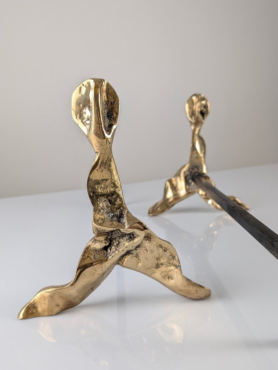 Image 1 of Pair of Brutalist Sculptural Bronze Andirons, 1970s