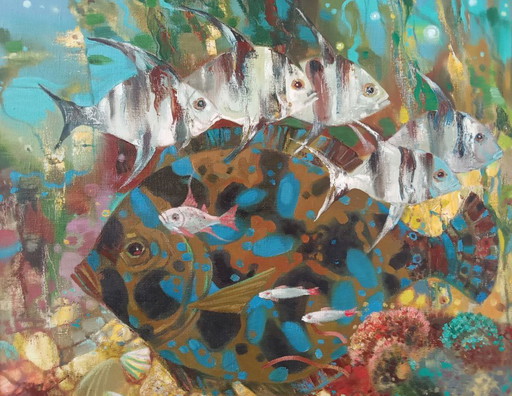 Pittura a Olio Originale Mondo Sottomarino Astratto Grande Pesce