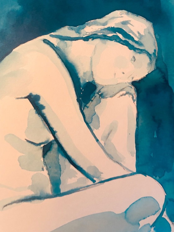 Image 1 of Set of 2 monochrome blue watercolor portraits of a woman, "blueTime"