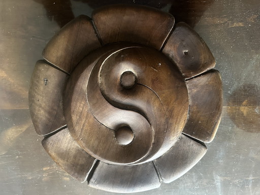 Plat Déco Vintage Bois Massif Sculpté Yin et Yang Diamètre 28 cm
