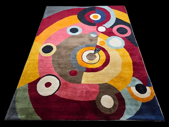 Sonia Delaunay Rythme Joie de Vivre handgeweven wollen vloerkleed | Vintage kunsttapijt | 79 × 106 inch (photo 3 of 9)