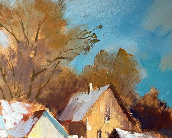 Image 1 of Pintura al óleo original Paisaje de pueblo nevado Montones de nieve invernales cerca de la casa