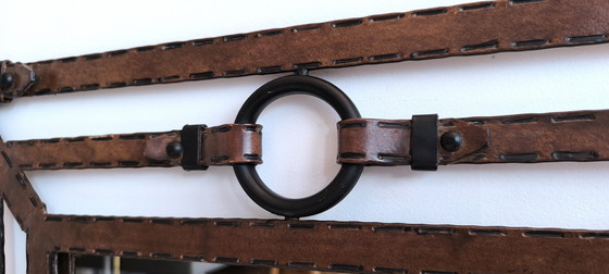 Image 1 of Iconic Large Mirror 1960's Design Jean-Pierre Ryckaert en Métal Façon Cuir Sellier à Surpiqures