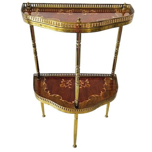 Vintage Mid - Century Italian Console Crescent Table Inlaid Wood Brass