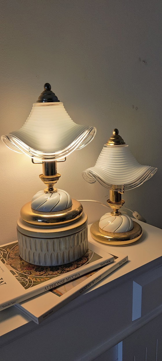 Image 1 of Vintage Hollywood Regency Table Lamps, Set of 2, Wavy Ribbed Opaline Glass, White and Gold Retro Bedside Lighting