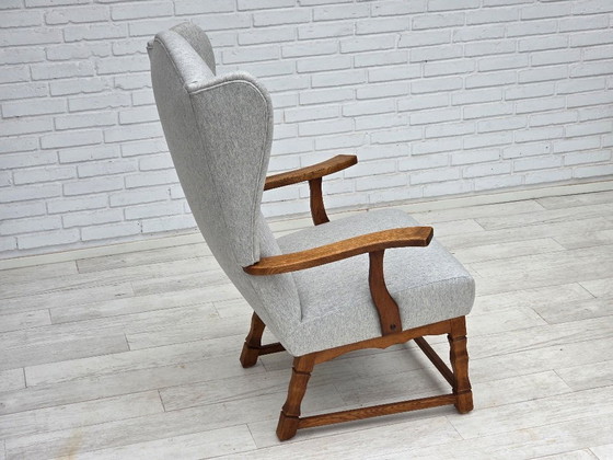 Image 1 of Dänischer Hochlehner-Sessel aus den 1950er Jahren, neu bezogen, Wolle, Eichenholz.