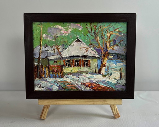 Original Oil Painting Winter Houses Landscape Saturday winter day