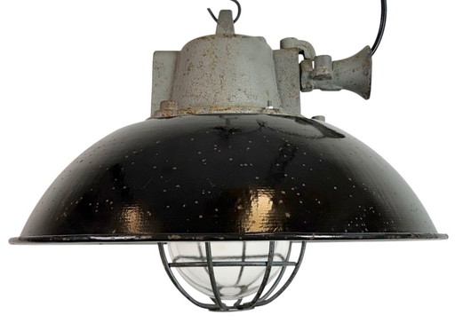 Black Enamel and Cast Iron Industrial Cage Pendant Light, 1960s