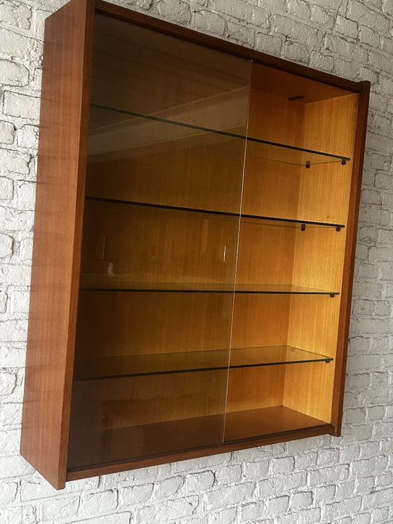 Wall display cabinet with glass sliding doors, brown wood, Mid Century Modern (photo 3 of 14)