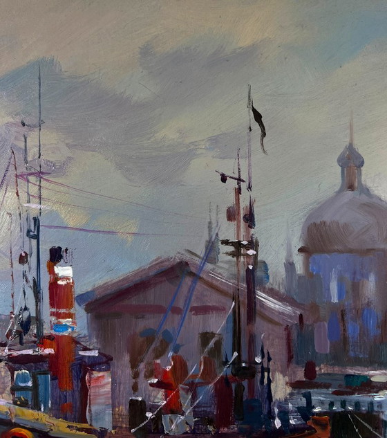 Image 1 of Original Oil Painting Gloomy Houses Landscape Boats bob at the city pier