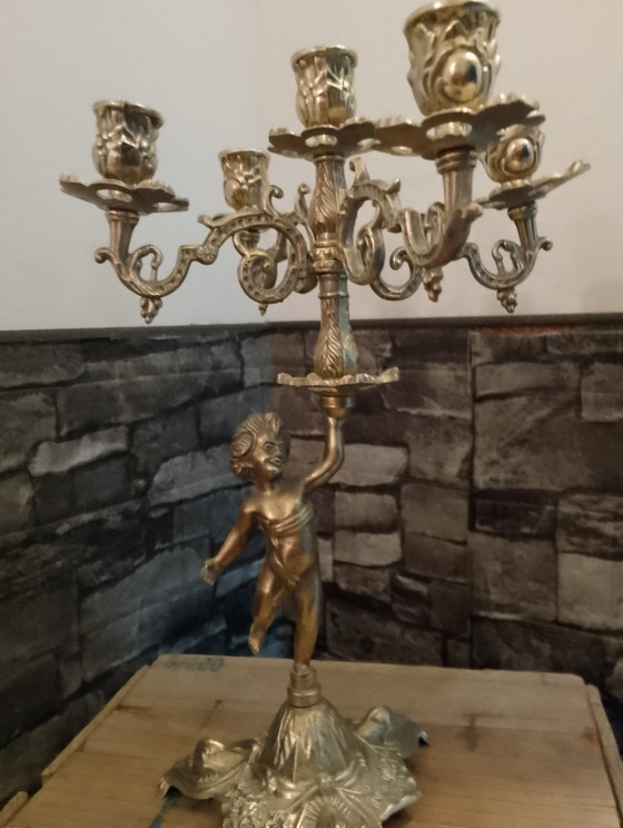 Image 1 of Baroque style candelabra in solid brass with cherub and putti design, 5 lights, Louis XV style