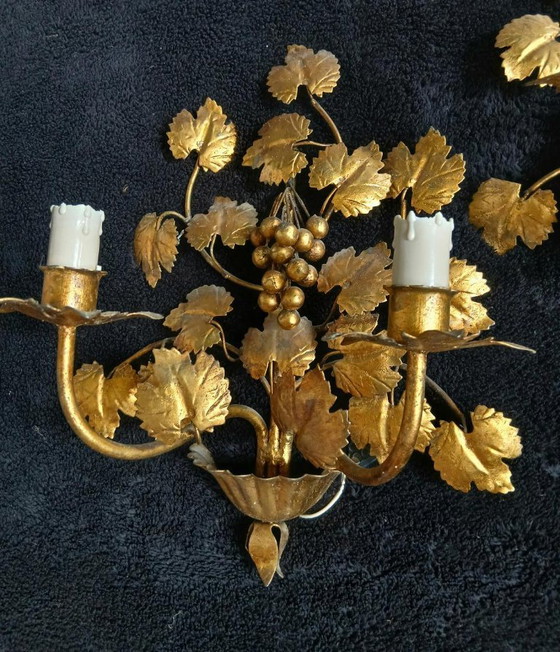 Image 1 of Splendid vintage wall sconces in gilded iron with a grape and vine design from Italy