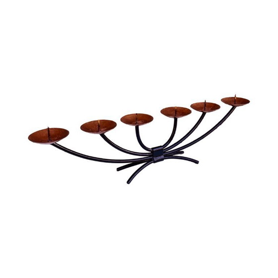 Image 1 of Candeliere in metallo con piastre di rame forgiate - lavorazione del metallo, Scandinavia, anni Settanta.