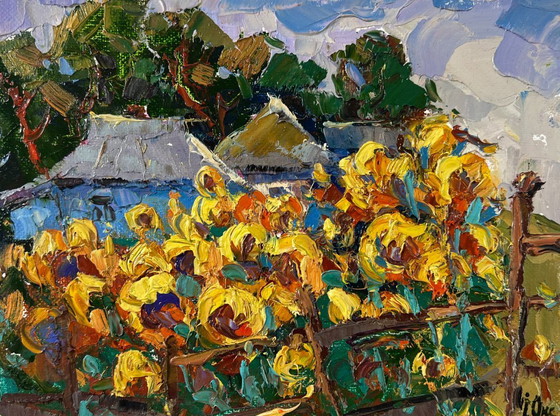 Image 1 of Original Oil Painting Summer Flowers Landscape Sunflower gardens