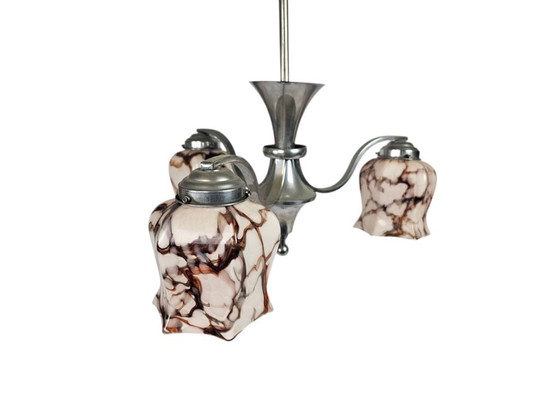 Image 1 of Niederländisches Design – Gispen-Stil – Pendelleuchte – Messing – Marmorglas – Art déco – 1930er Jahre