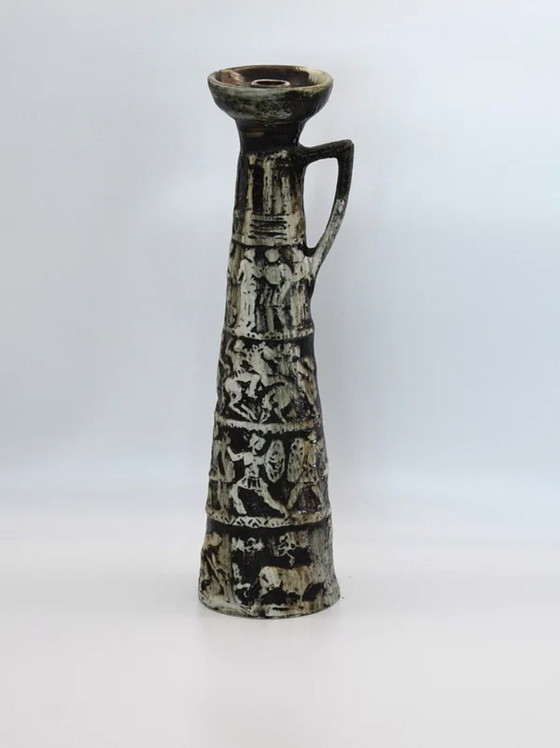 Image 1 of Antique Greek Ceramic Candle Holder – 19th Century Pottery, Marked Authentic Piece