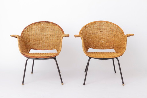 Vintage Korbsessel von Gianfranco Legler, 1950er Jahre | 3er-Set Schweizer Rattan-Loungesessel | Mid-Century Modern