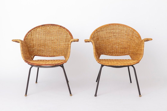 Image 1 of Vintage rieten fauteuils van Gianfranco Legler uit de jaren 1950 | Set van 3 Zwitserse rotan loungestoelen | Mid-century modern